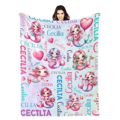 Personalized Mermaid Themed Name Blanket - Gift for Kids