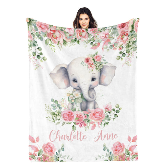 Personalized Watercolor Elephant Baby Floral Blanket - Gift for Baby
