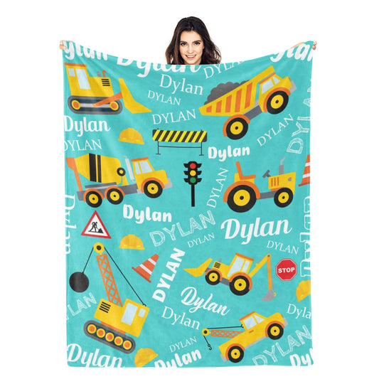 Personalized Yellow Construction Truck Name Blanket - Gift for Kids
