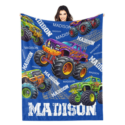 Personalized Monster Truck Themed Name Blanket - Gift for Kids