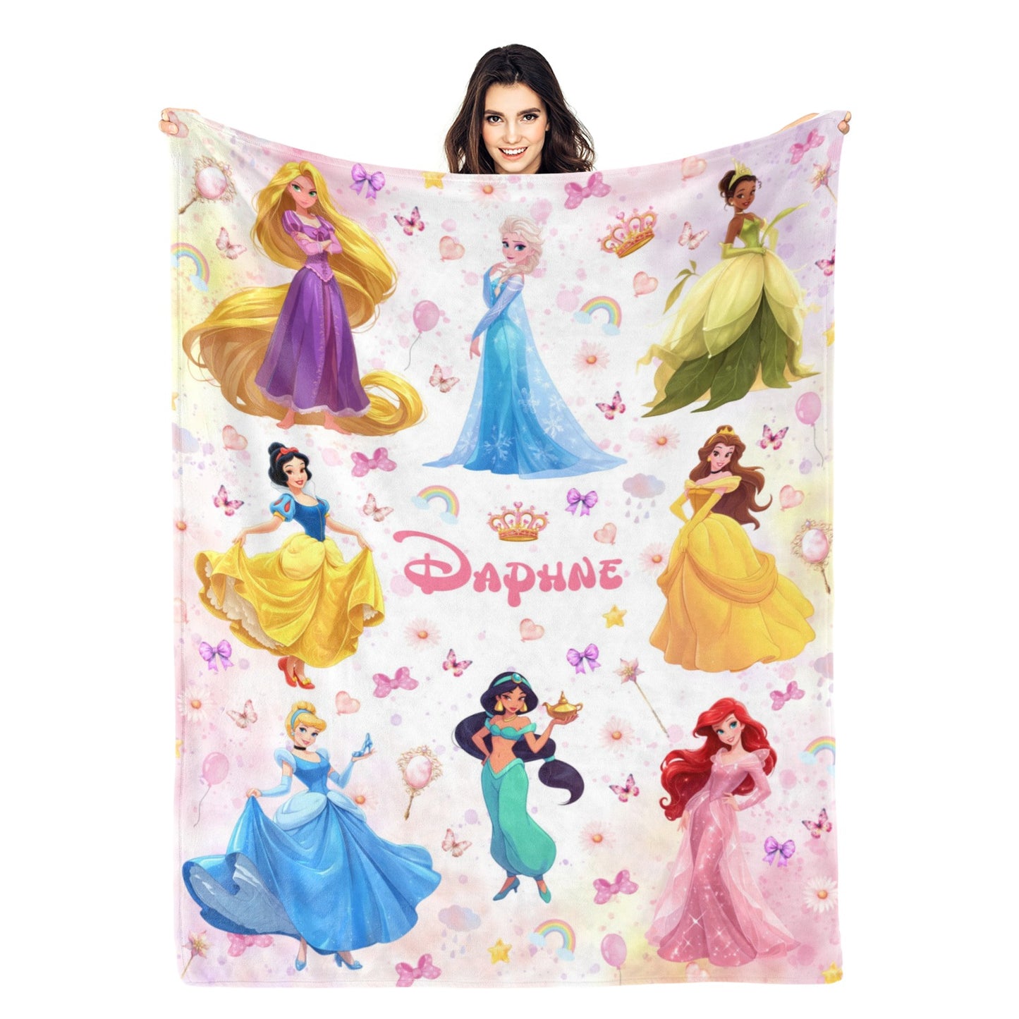 Personalized Watercolor Princess Crown Bow Name Blanket - Gift for Kids