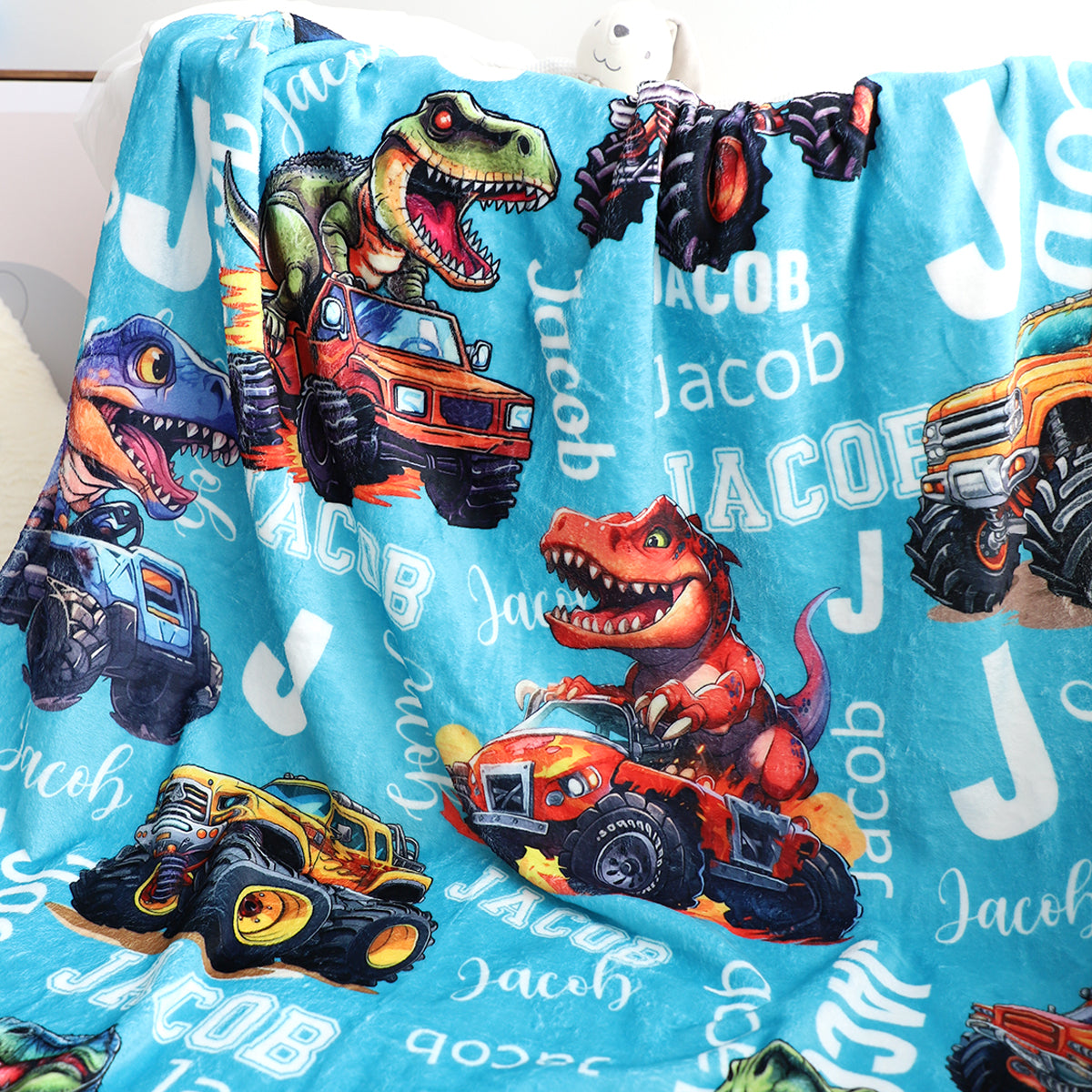 Customized Cartoon Monster Truck Dinosaur Name Blanket - Gift for Kids