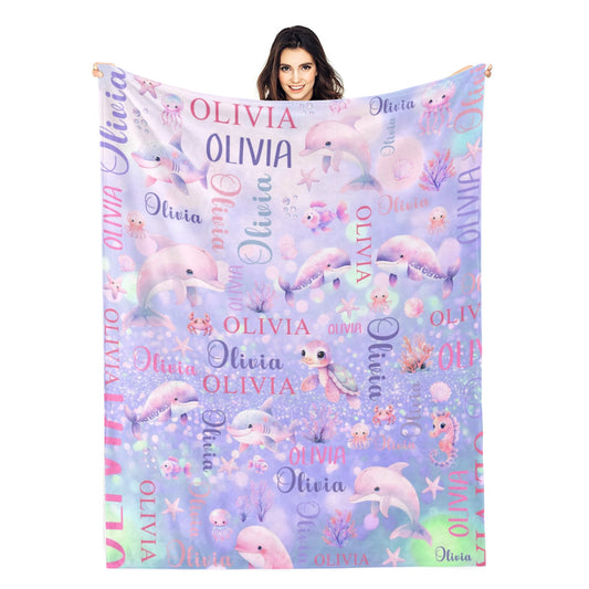 Personalized Cute Fantasy Sea Animal Name Blanket - Gift for Kids