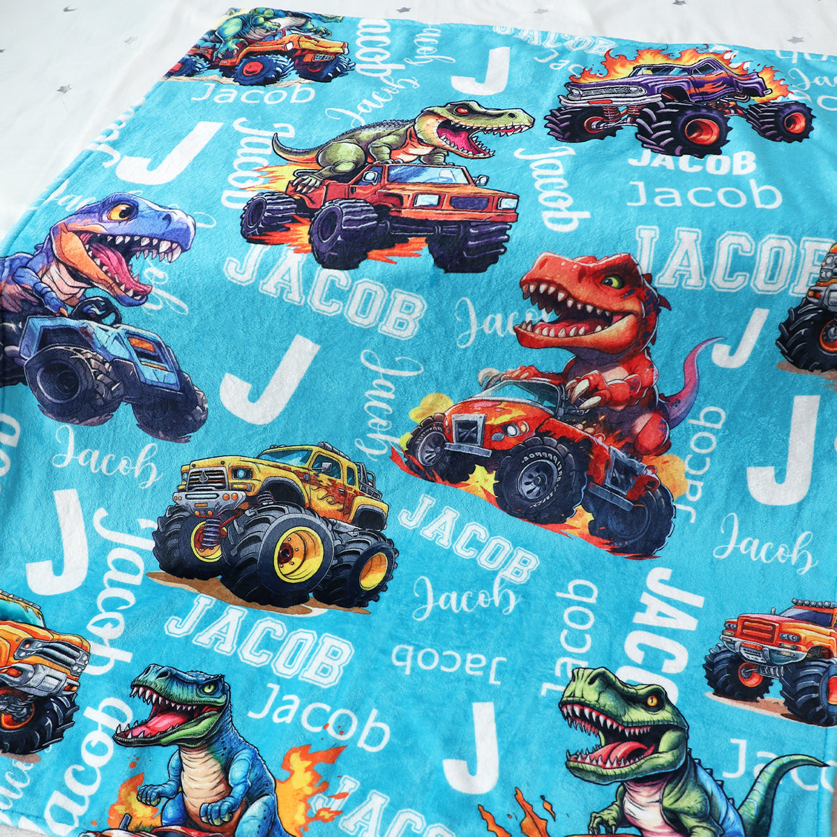 Customized Cartoon Monster Truck Dinosaur Name Blanket - Gift for Kids