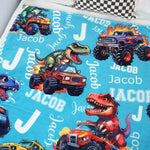 Customized Cartoon Monster Truck Dinosaur Name Blanket - Gift for Kids