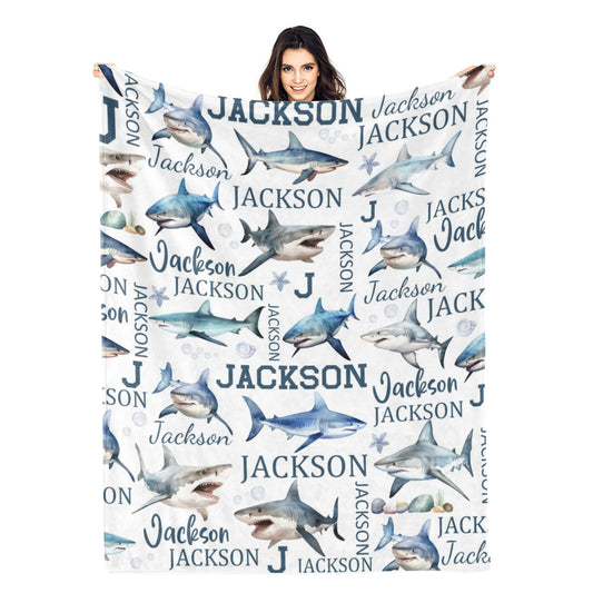 Personalized Watercolor Sharks Name Blankets - Gift for Kids