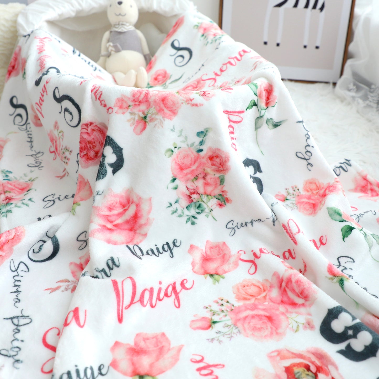 Personalized Pink Rose Girl Name Blanket - Gift for Kid