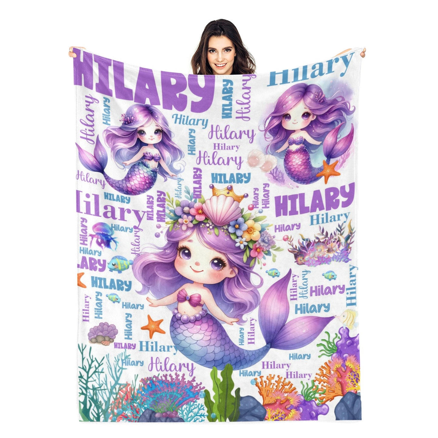 Personalized Purple Little Mermaid Girls Name Blanket - Gift for Kids