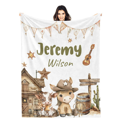 Personalized Western Cowboy Animal Name Blanket - Gift for Kids