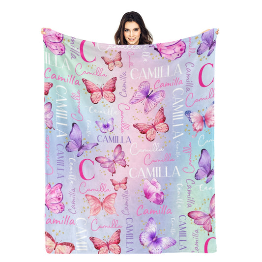 Personalized Watercolor Pink Butterfly Girl Name Blanket - Gift for Kid