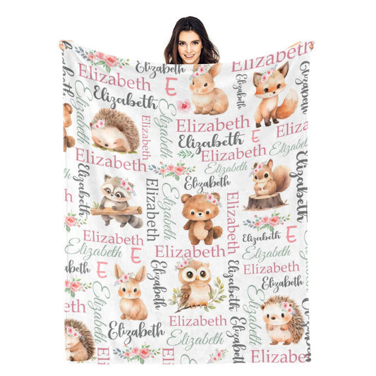 Personalized Girl Woodland Animals Name Blanket - Gift for Kids