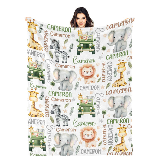 Personalized Custom Safari Animal Name Blanket - Gift for Kids