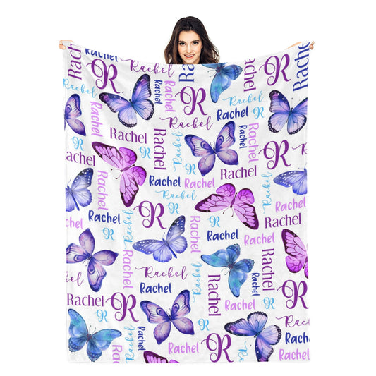 Personalized Watercolor Purple Butterflies Baby Name Blanket - Gift for Baby