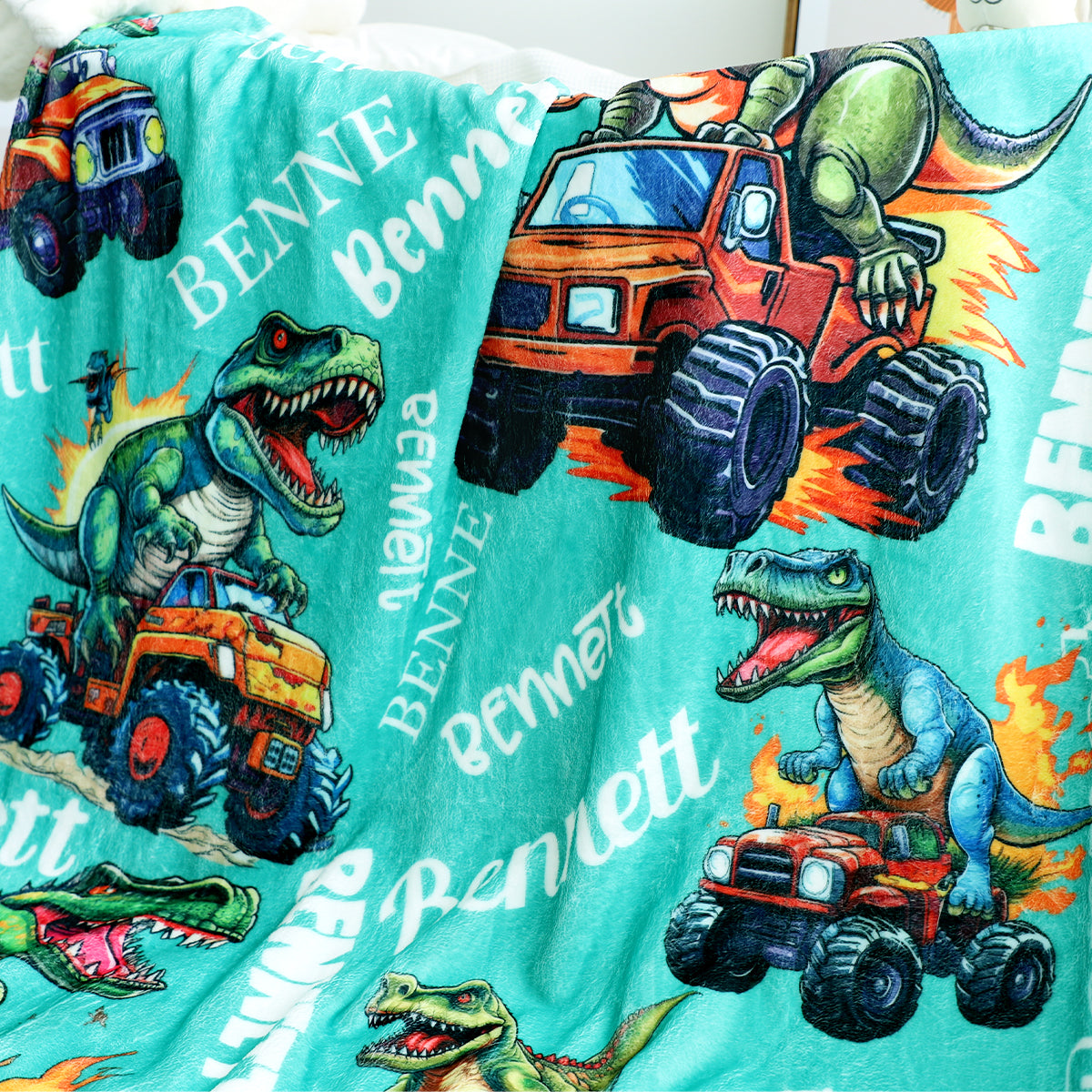 Personalized Monster Dinosaur Truck Blanket - Gift for Kids