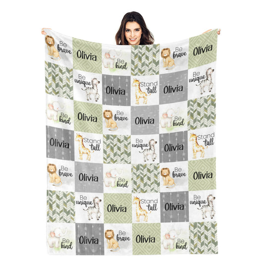 Personalized Plaid Watercolor Wildlife Name Blanket - Gift for Kids