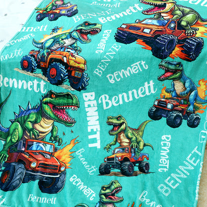 Personalized Monster Dinosaur Truck Blanket - Gift for Kids