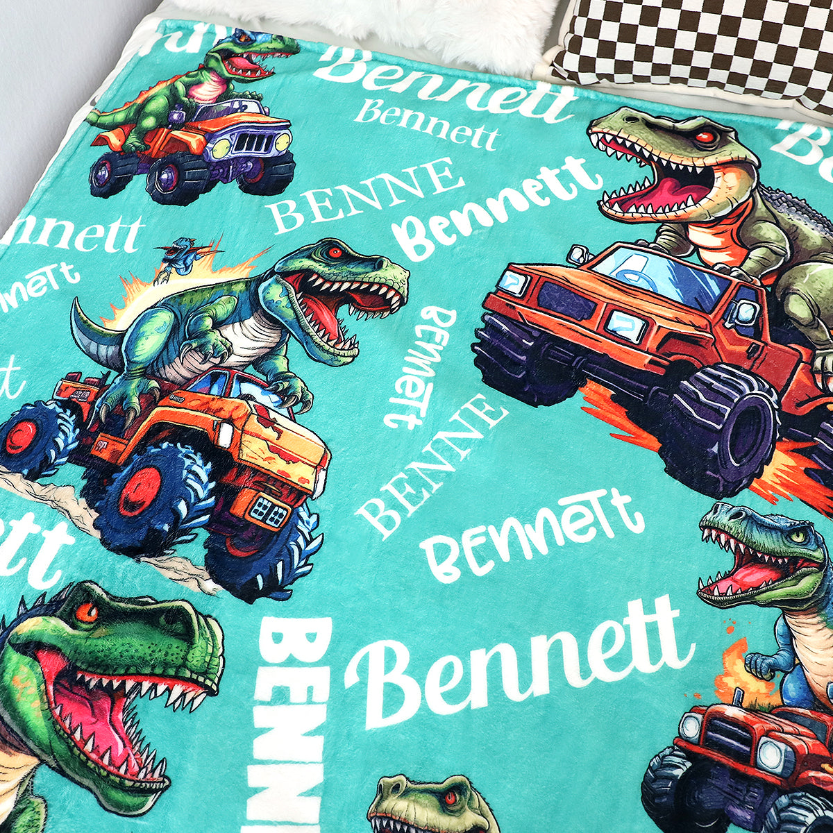 Personalized Monster Dinosaur Truck Blanket - Gift for Kids