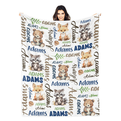 Personalized Cartoon Woodland Animals Name Blankets - Gift for Kids