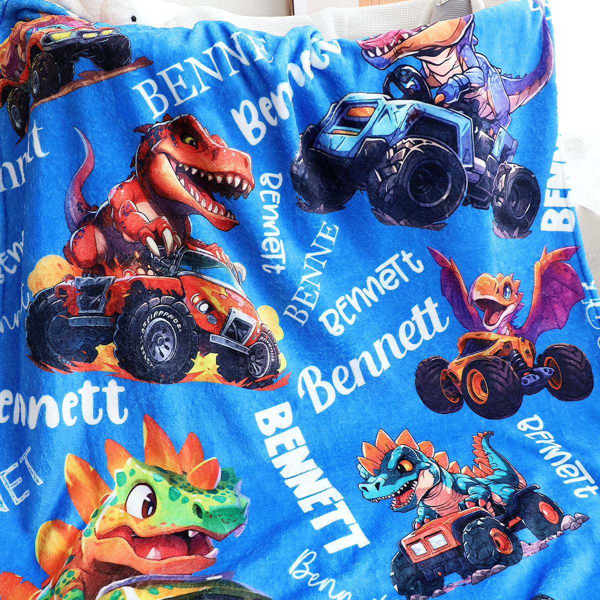 Personalized Name Monster Dinosaur Truck Blanket - Gift for Kids