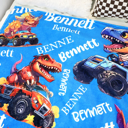 Personalized Name Monster Dinosaur Truck Blanket - Gift for Kids