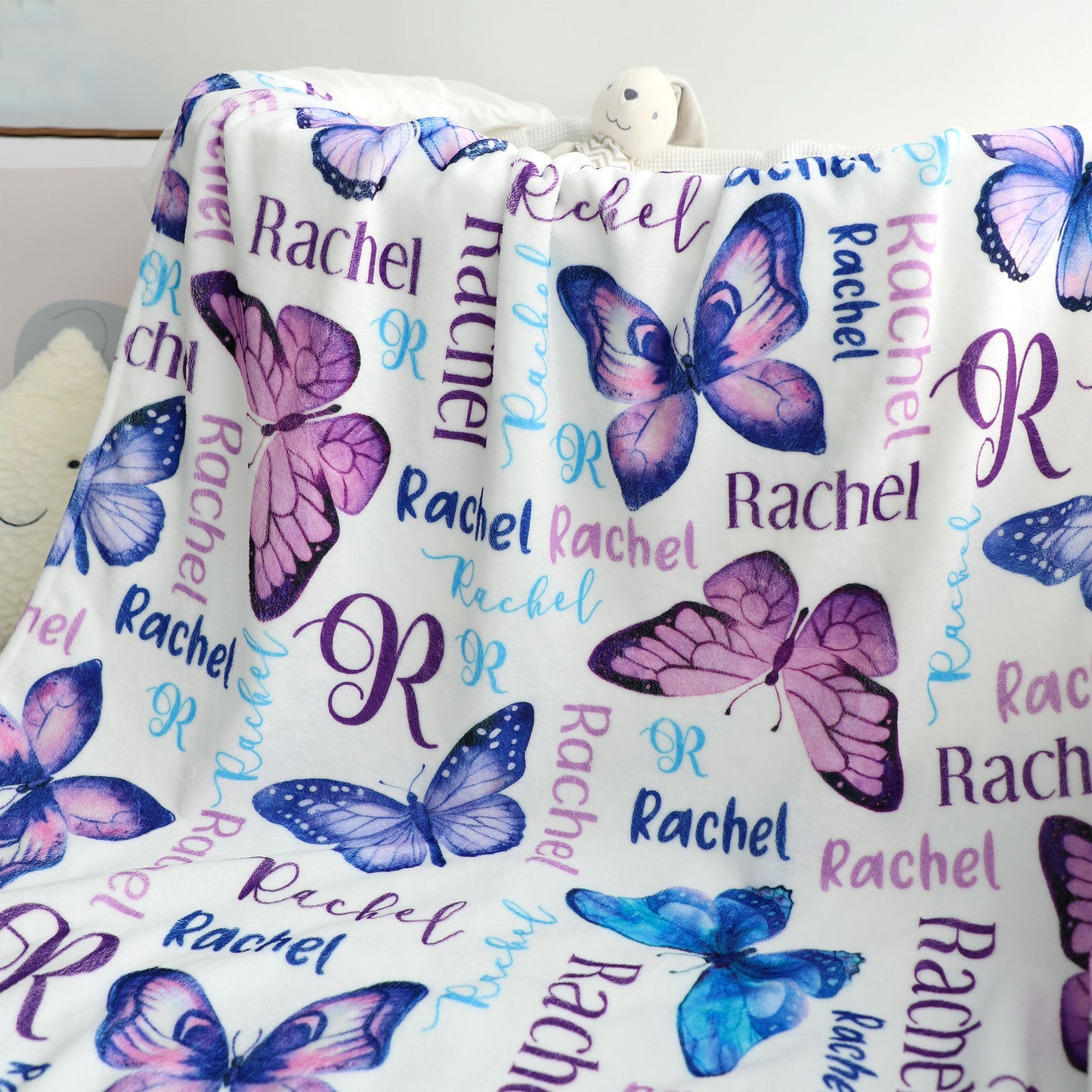 Personalized Watercolor Purple Butterflies Baby Name Blanket - Gift for Baby