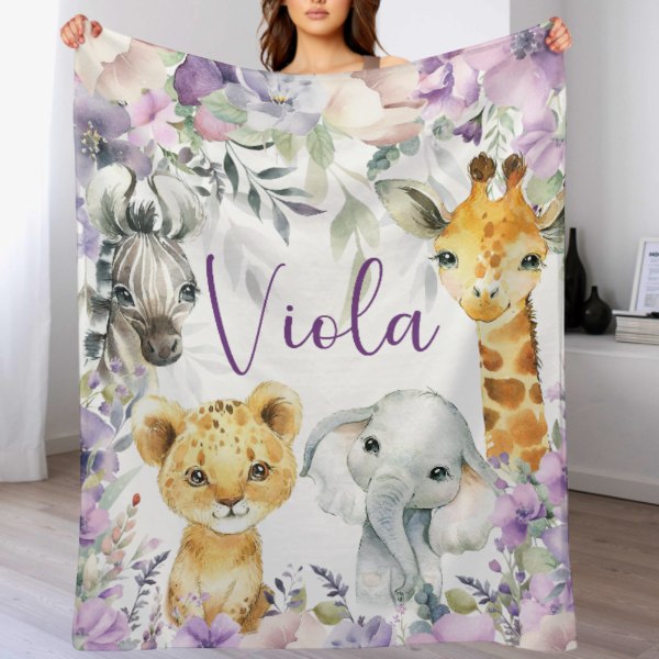 Personalized Safari Animals Baby Name Floral Blanket - Gift for baby