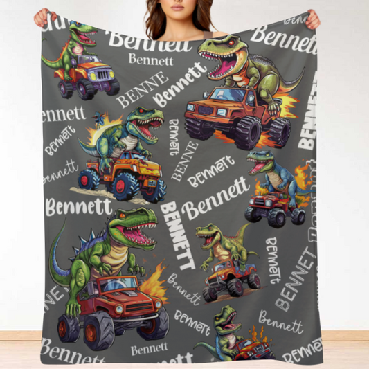 Personalized Monster Dinosaur Truck Blanket - Gift for Kids