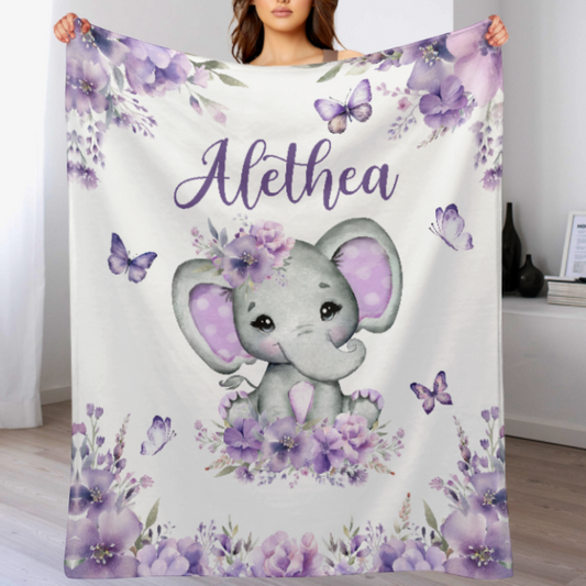 Personalized Watercolor Cute Elephant Baby Name Blanket - Gift for baby