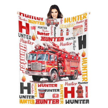 Personalized Structured Fire Truck Boy Name Blanket - Gift for Kids