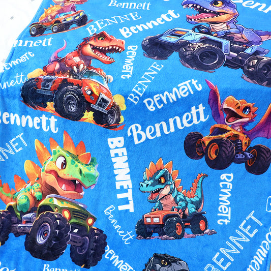 Personalized Name Monster Dinosaur Truck Blanket - Gift for Kids