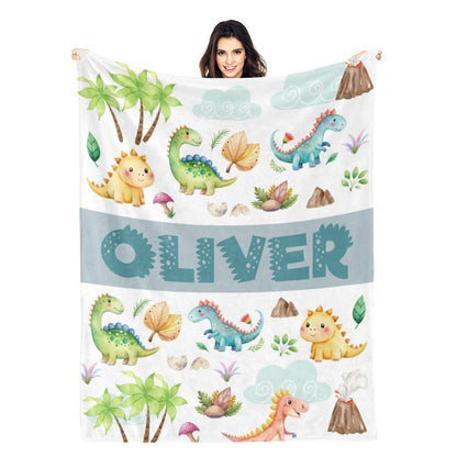 Personalized Cartoon Dinosaurs Name Blanket - Gift for Kids