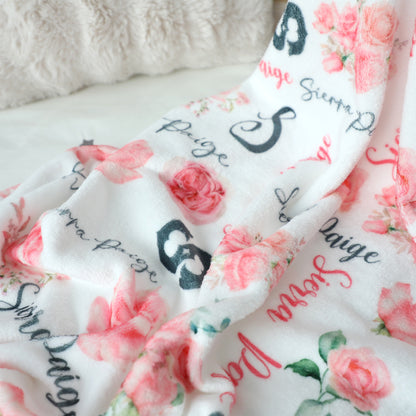 Personalized Pink Rose Girl Name Blanket - Gift for Kid