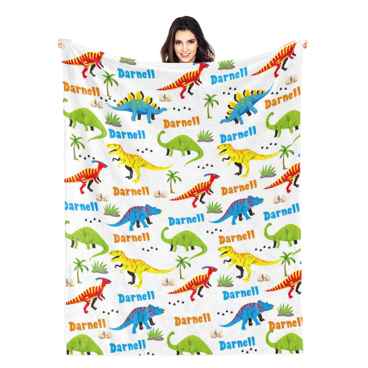 Personalized Colorful Cartoon Dinosaur Name Blanket - Gift for Kids