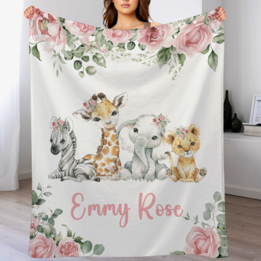 Personalized Forest Animal Girl Blanket - Gift for Baby