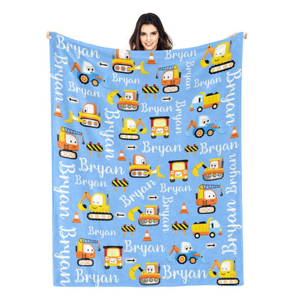 Personalized Cartoon Transportation Trucks Name Blanket - Gift for Kids