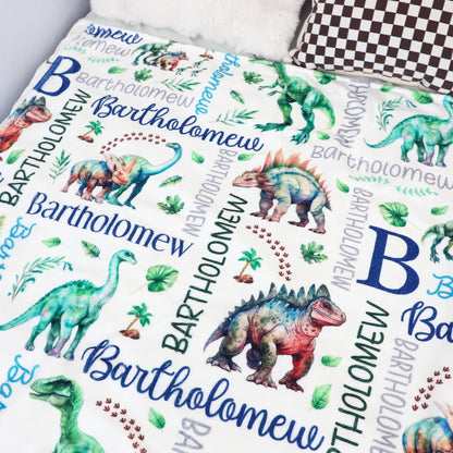 Personalized Watercolor Dinosaurs Children's Name Blankets - Gift for Kids