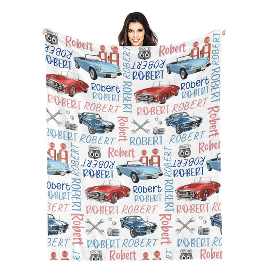 Personalized Retro Sport Cars Name Blanket - Gift for Kids