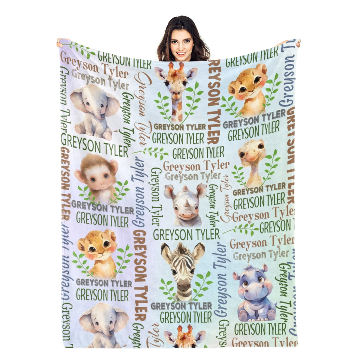 Personalized Watercolor Jungle Animals Name Blanket - Gift for Kids