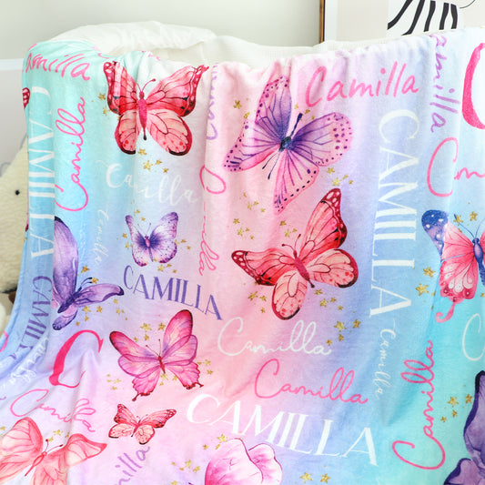 Personalized Watercolor Pink Butterfly Girl Name Blanket - Gift for Kid