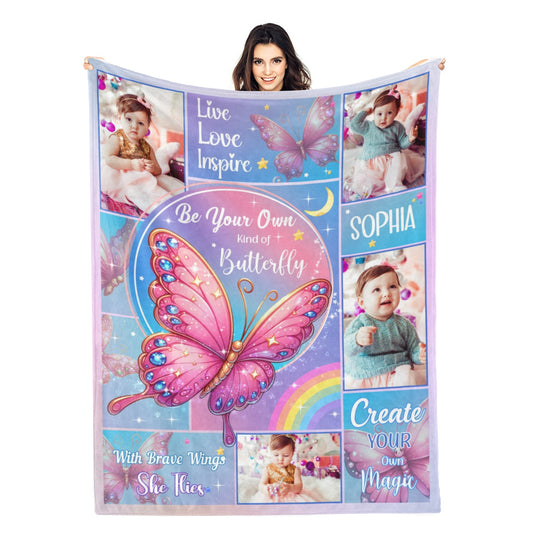 Personalized Colorful Butterfly Girl Photo Name Blanket - Gifts for Kids