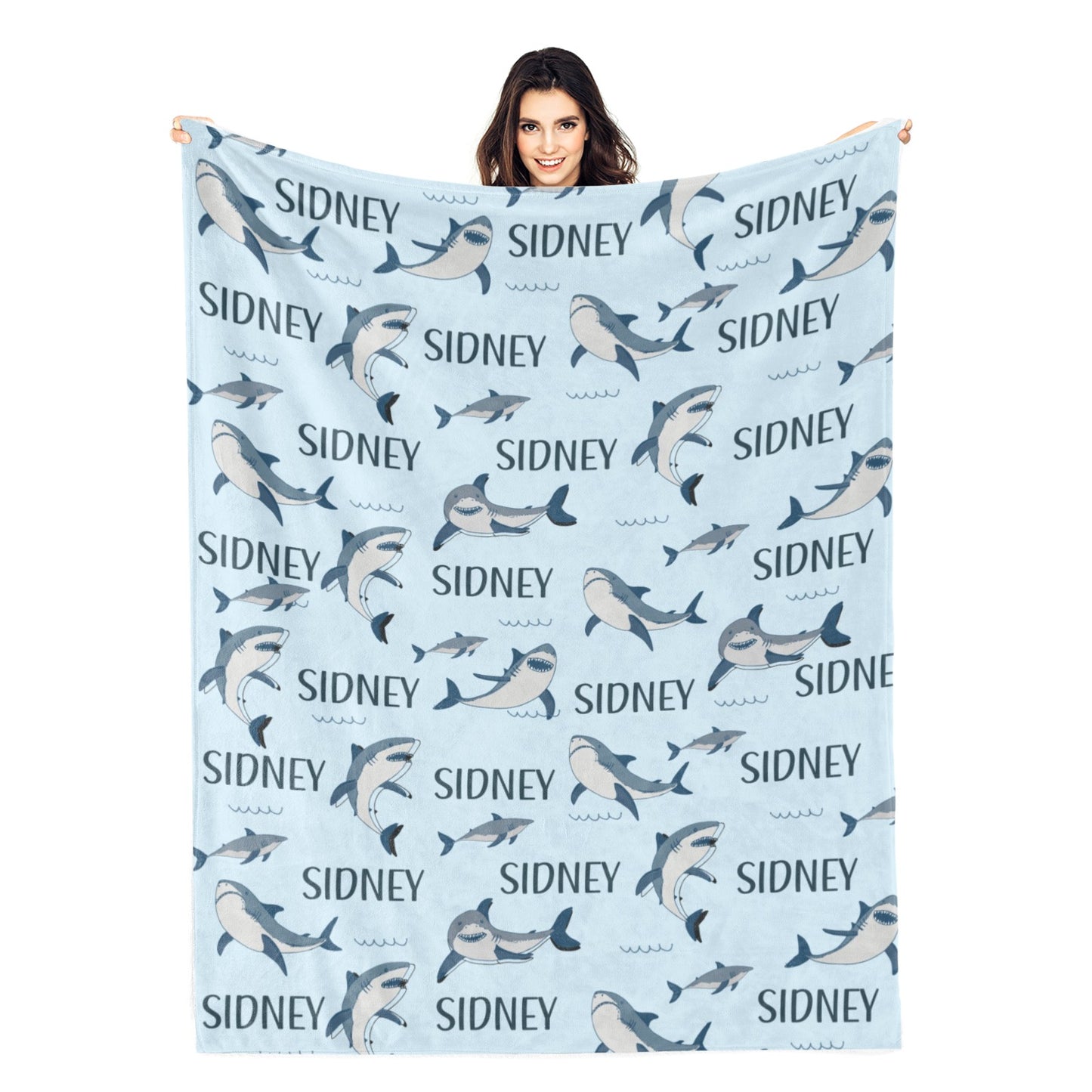 Personalized Blue Cute Shark Name Blanket - Gift for Kids