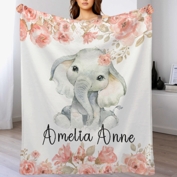 Personalized Pink Floral Elephant Name Blankets - Gifts for Baby