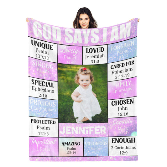 God Says I Am - Personalized Photo Blanket - Gift for Family