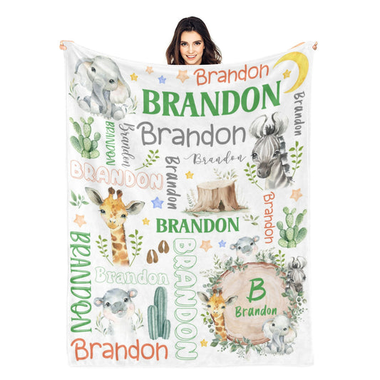 Personalized Cute Safari Animals Name Blankets - Gift for Kids