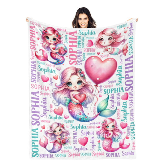 Personalized Little Mermaid Girls Name Blanket - Gift for Kids