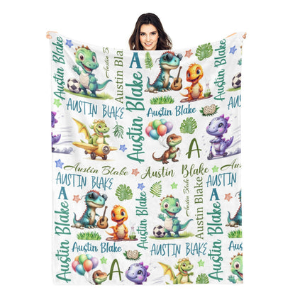 Personalized Cute Dinosaurs Themed Name Blankets - Gift for Kids