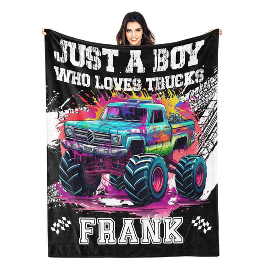 Personalized colorful monster truck themed name blanket - Kids gift