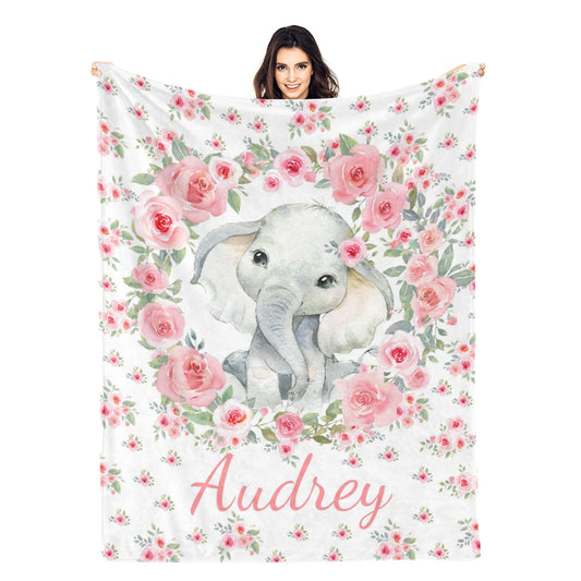 Personalized Watercolor Elephant Pink Floral Baby Name Blanket - Gift for Baby