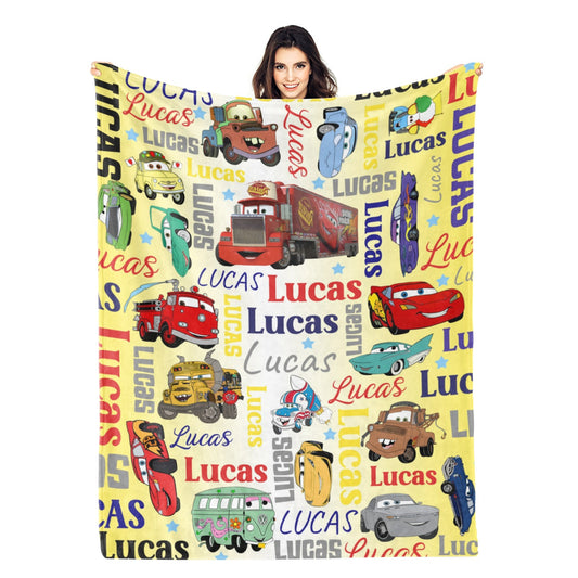 Personalized Cartoon Cars Name Blanket - Gift for Kids