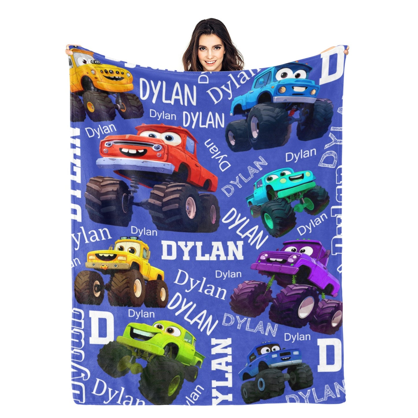 Personalized Colorful Monster Truck Name Blanket - Gift for Kids